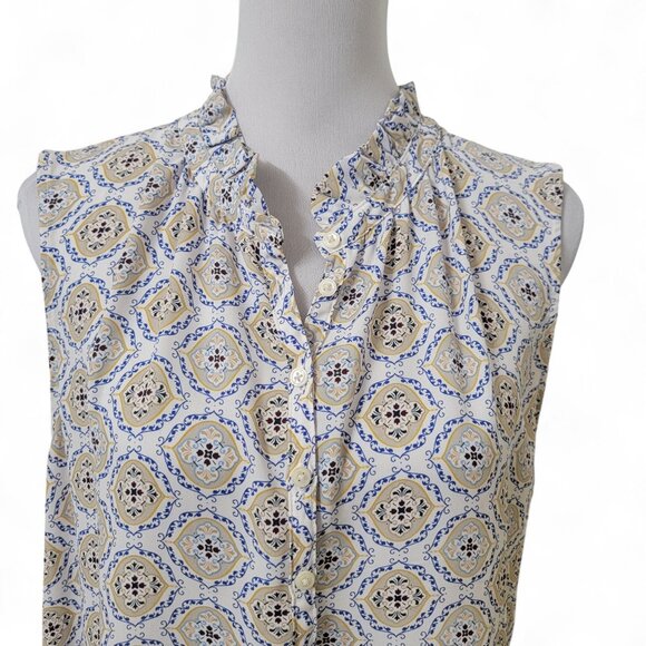 LOFT Size XL White with Blue, Tan & Yellow Medallion Pattern Sleeveless Blouse - Picture 6 of 12
